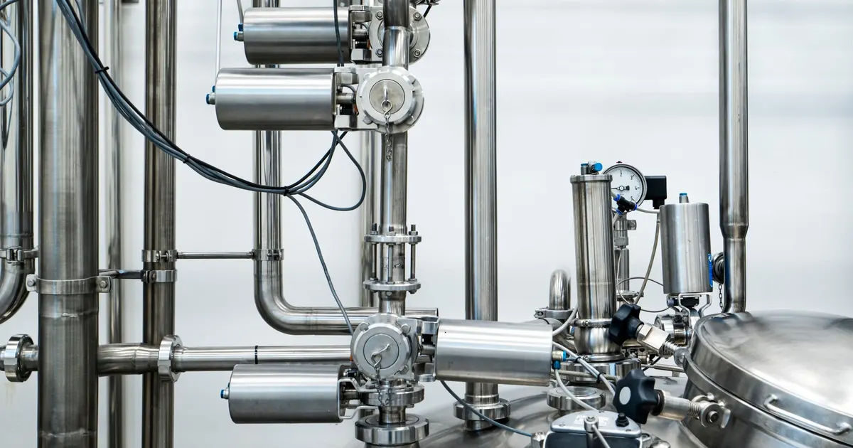 Stainless steel process equipment with sanitary pipe fittings, valves and a pressure gauge on a tank in a food plant
