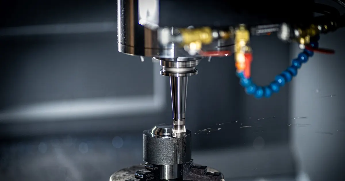 Cutting tool in a CNC machine chuck with blue coolant hose directed at the cut, machining a free cutting stainless part